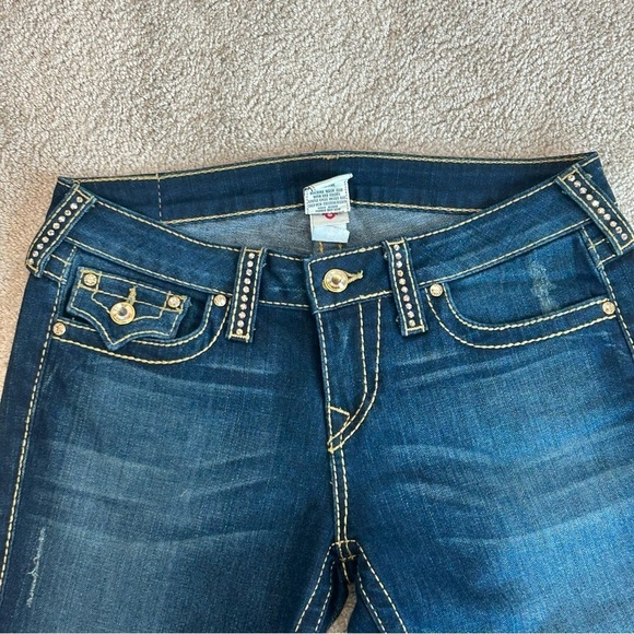 TRUE Religion gold Crystal rhinestone blue wash bootcut denim jeans Sz 29 - Picture 5 of 16